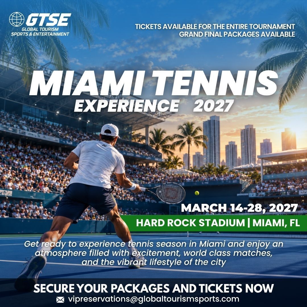 Miami Tennis Experience 2027 poster with tennis player, Miami skyline, and Hard Rock Stadium March 14-28