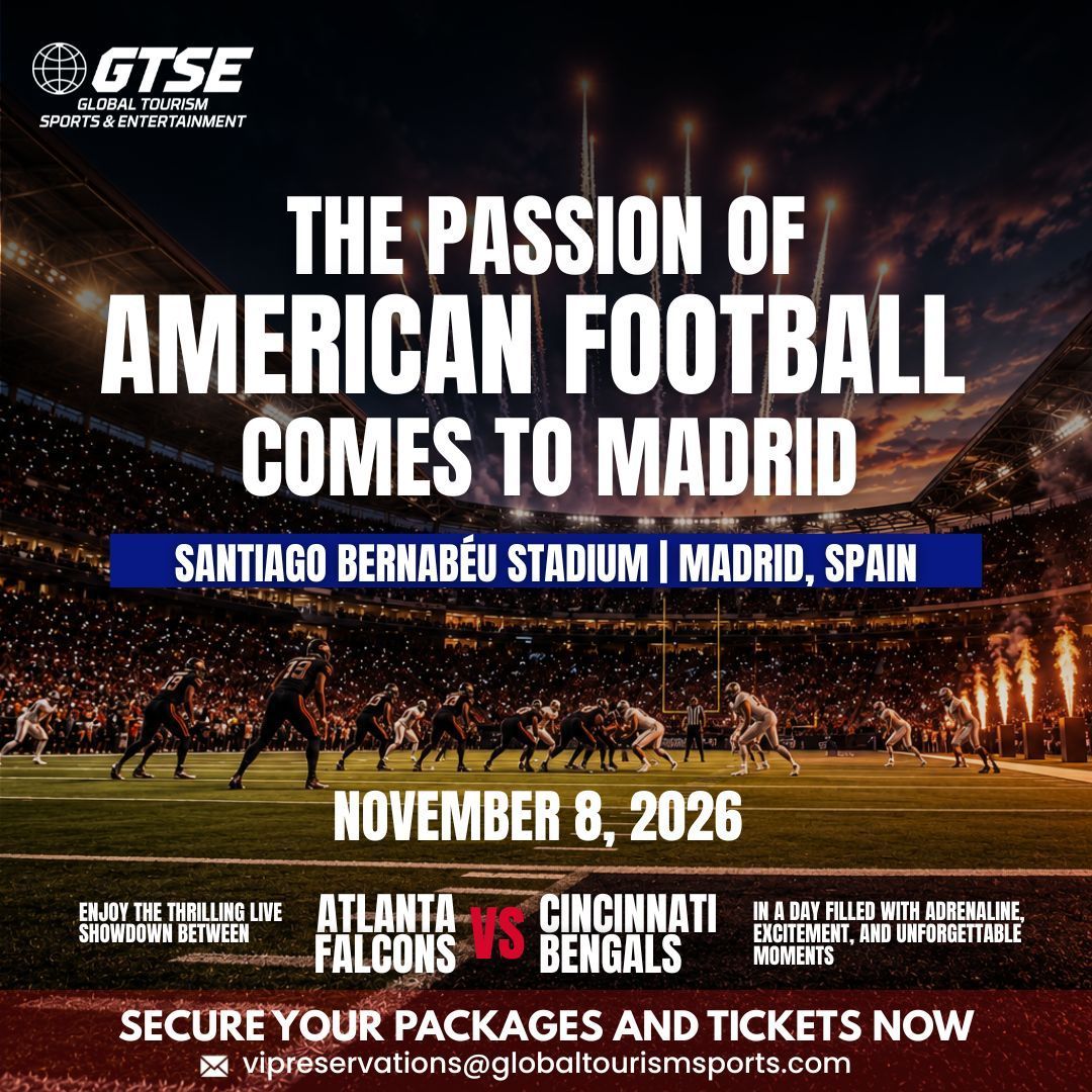 American football event poster for Madrid at Santiago Bernabeu Stadium, Nov. 8, 2026, with stadium scene and teams shown