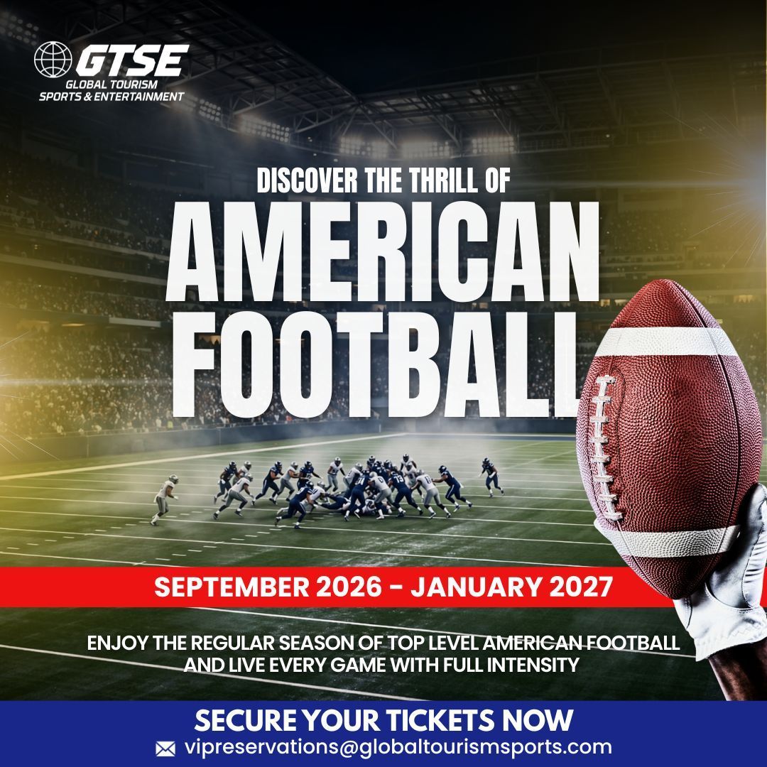 American football season poster with stadium lights, team players, and a football; September 2026–January 2027