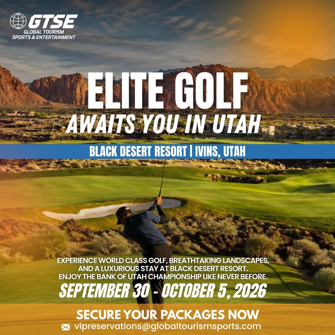 Golf tournament promo at Black Desert Resort, Utah, with golfer on green and bold “Elite Golf Awaits You” text.