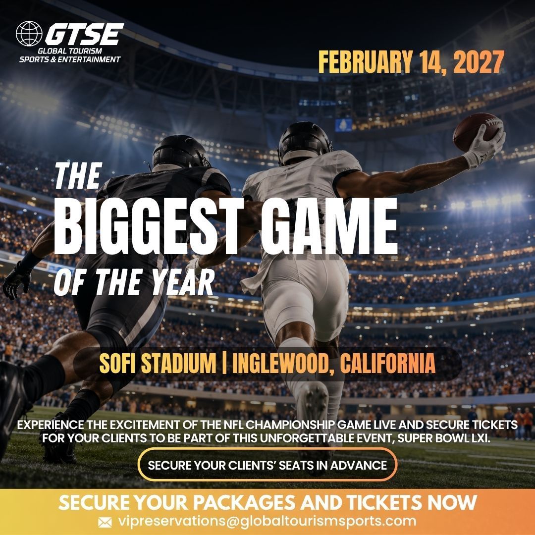 Football game poster at SoFi Stadium, Inglewood, California, Feb. 14, 2027, with players and bold “Biggest Game” text