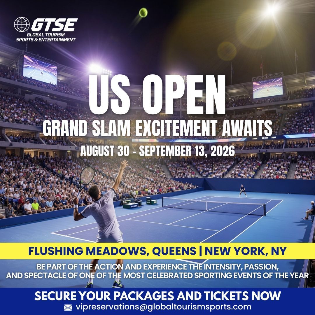 US Open promo poster with tennis stadium, blue court, and bold text for August 30–September 13, 2026 in Queens