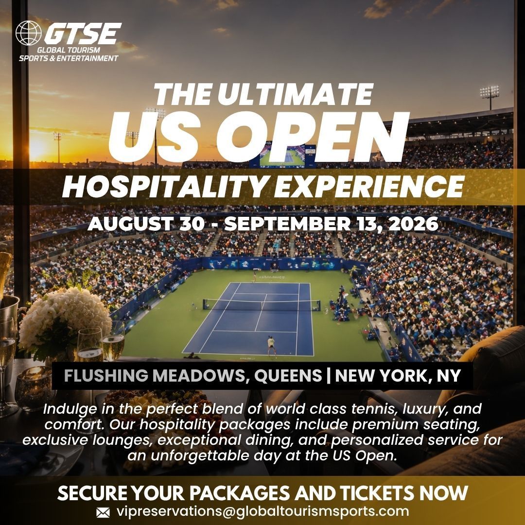 US Open hospitality promo with sunset tennis stadium, New York venue, August 30–September 13, 2026.