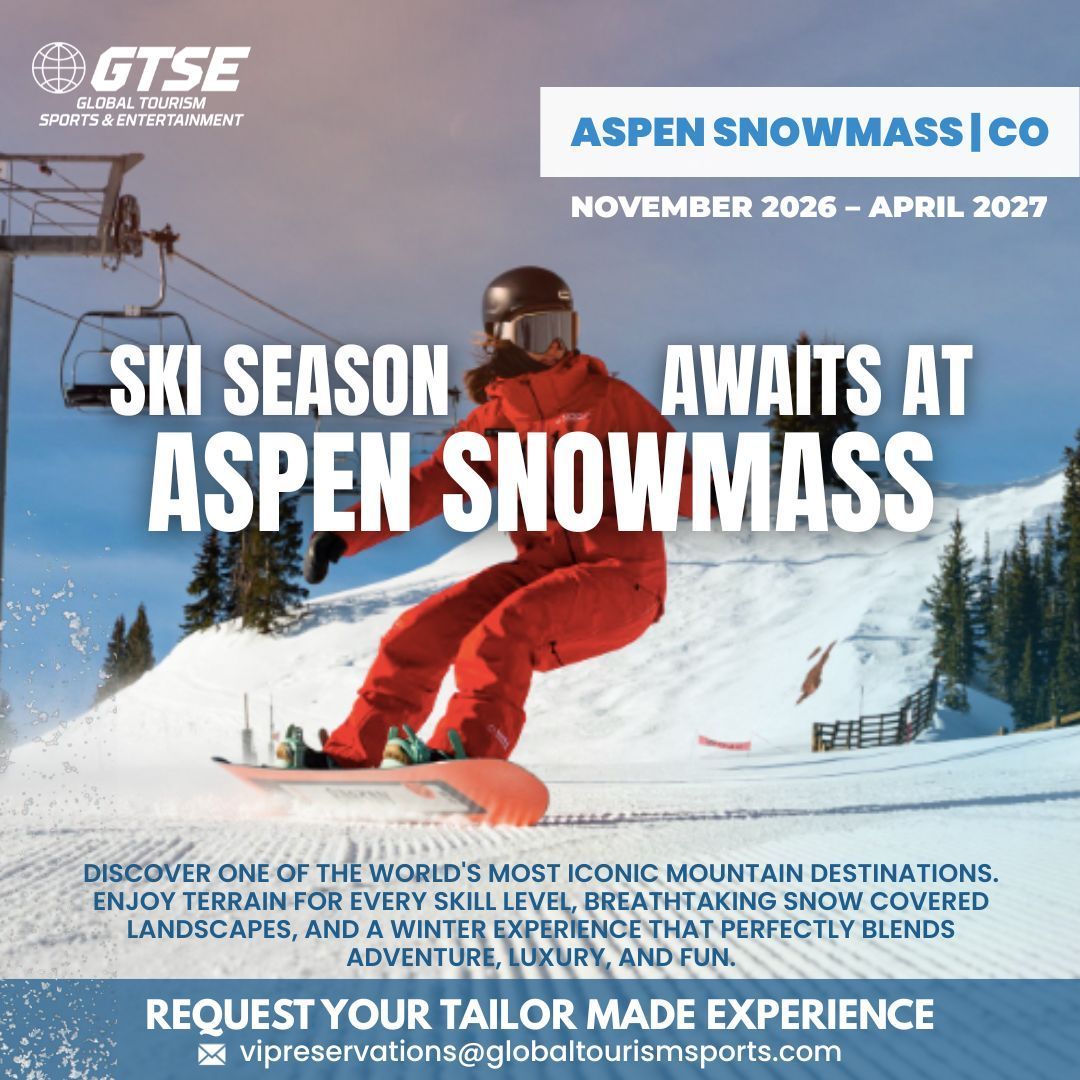 Aspen Snowmass ski promotion with a skier in red against snowy mountains and bold event text