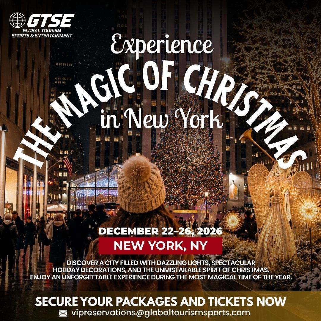 Promotional poster for “The Magic of Christmas in New York,” with lit holiday street scene and event dates.