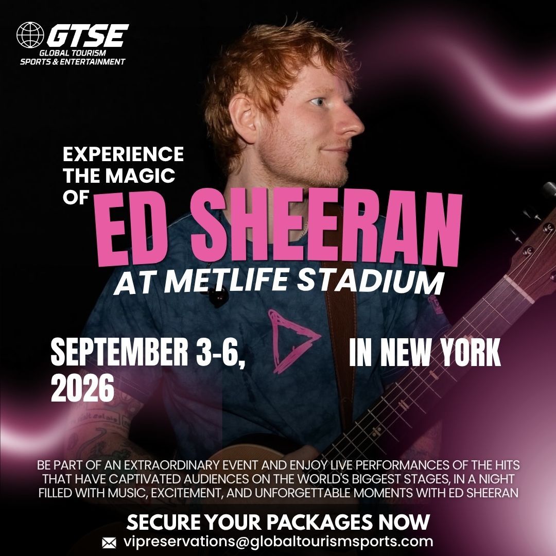 Ed Sheeran concert promo at MetLife Stadium, September 3-6, 2026, with pink text and guitar background