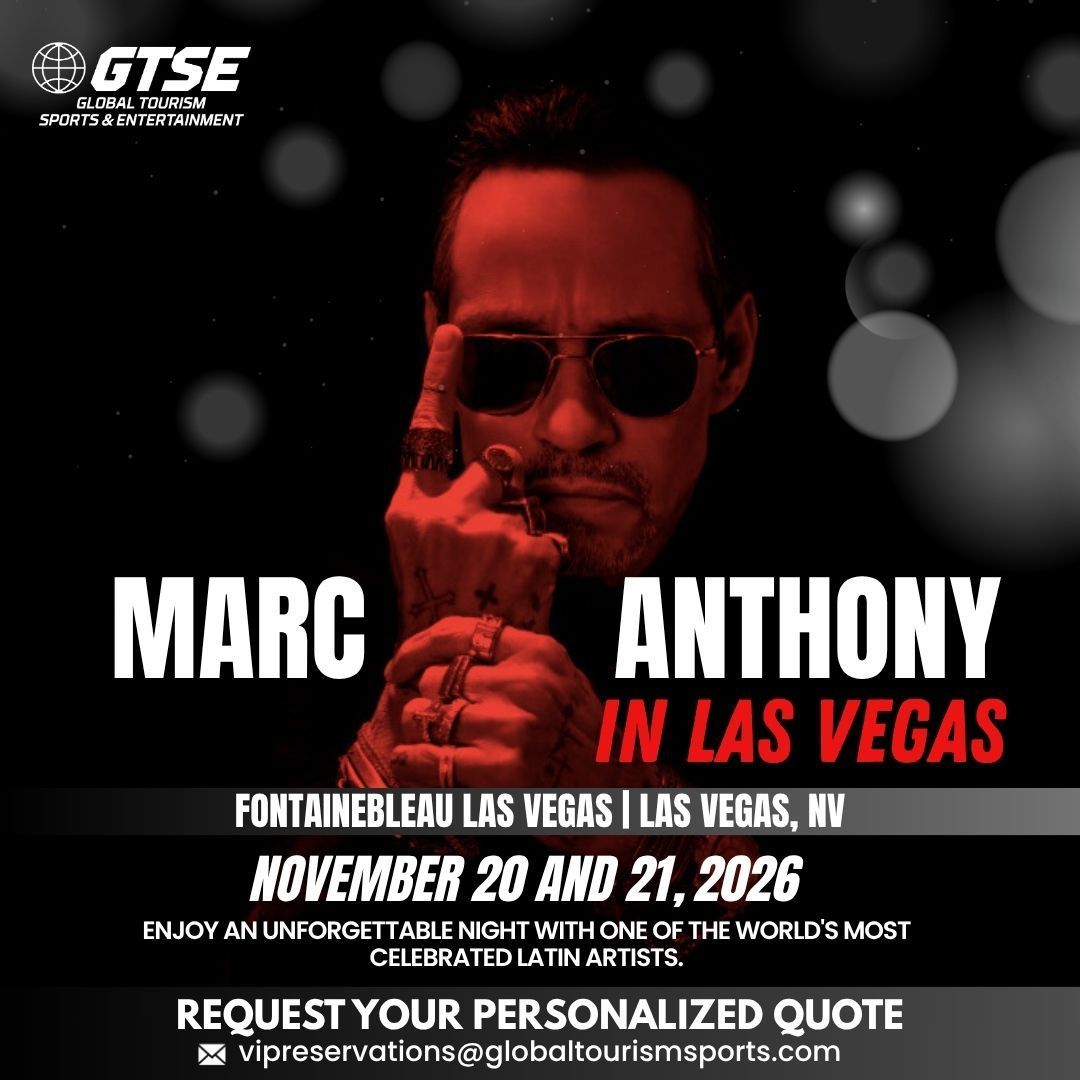 Marc Anthony concert poster in Las Vegas, November 20–21, 2026, with red-tinted portrait and bold event text