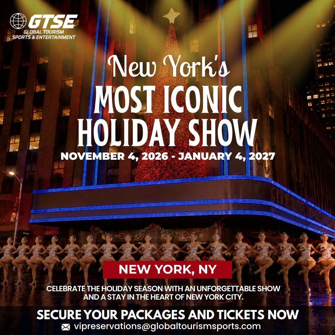 New York holiday show ad with lit buildings, blue lights, and crowd; Nov. 2026–Jan. 2027 dates