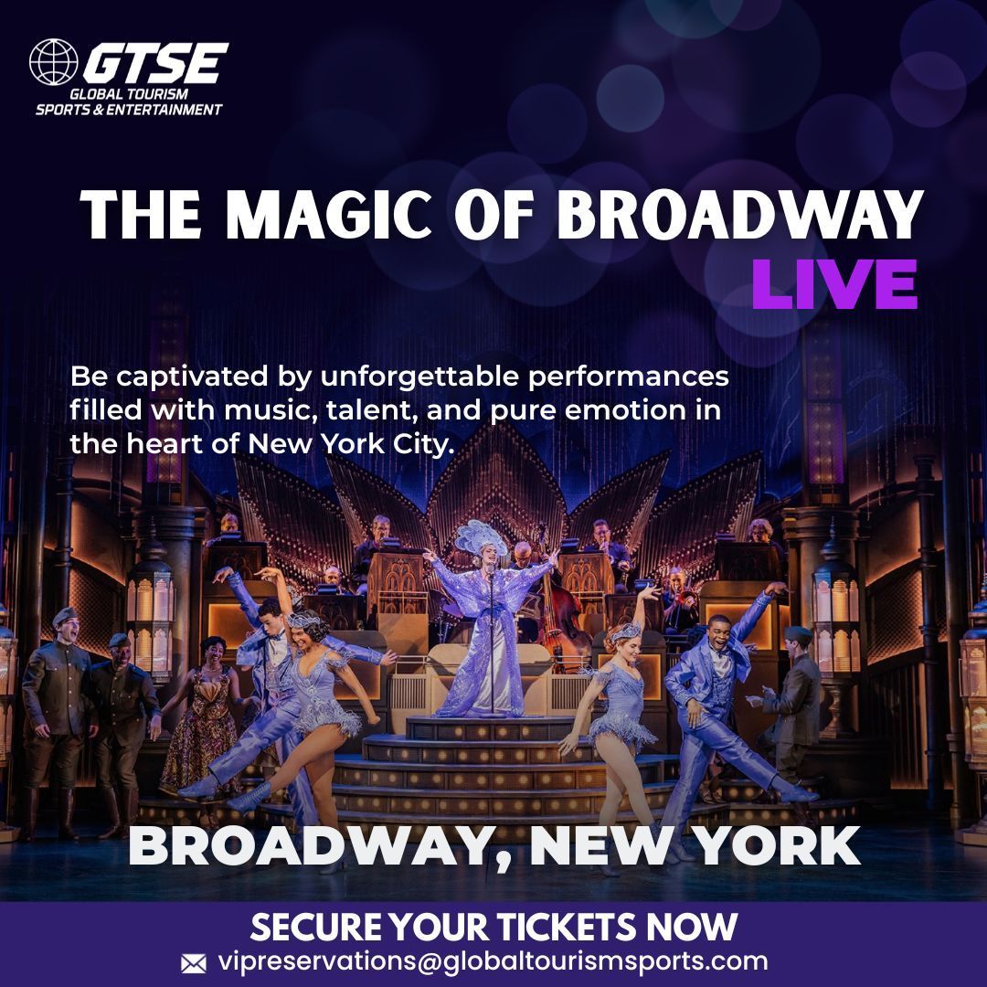 Broadway show advertisement: Dancers on stage in front of a backdrop, 