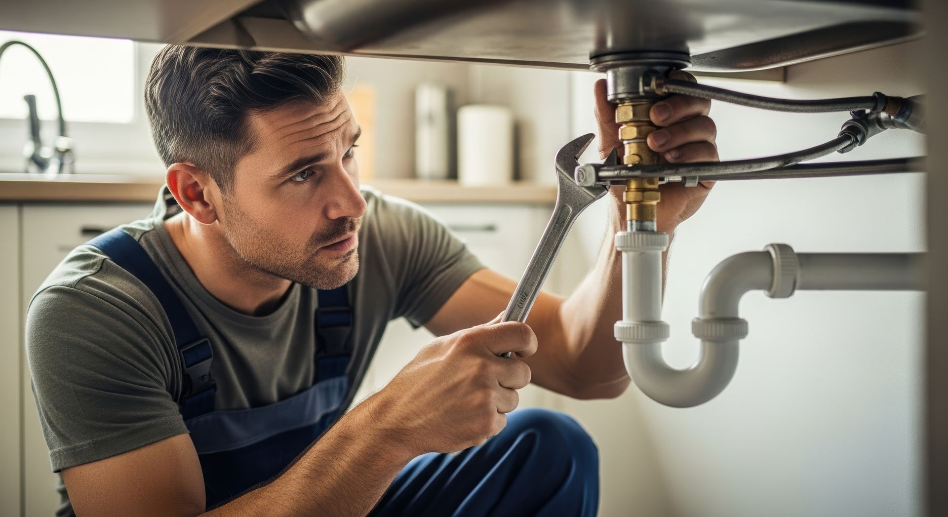 A professional repair person uses an adjustable wrench to tighten pipes under a kitchen sink.