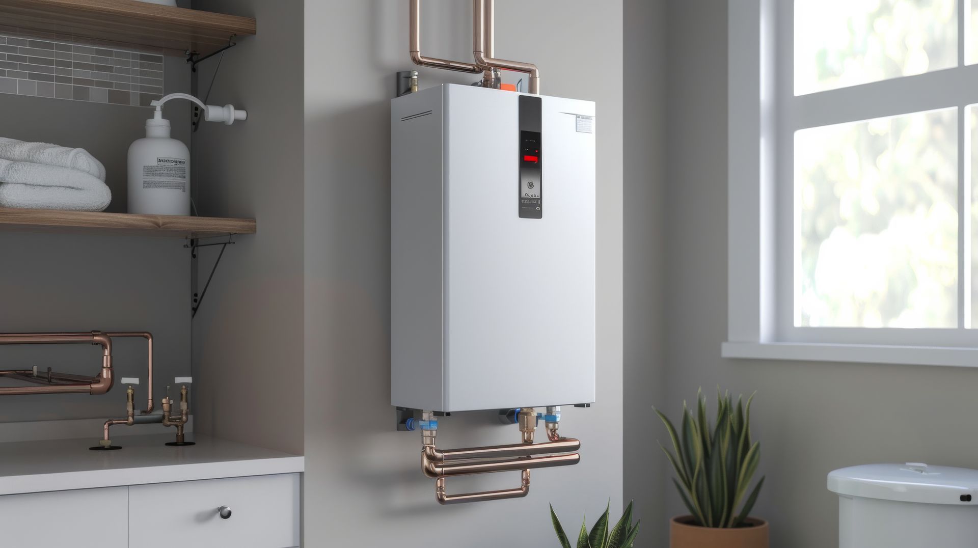 Wall-mounted tankless water heater with copper pipes in a home utility room.