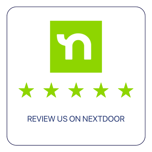 A white square button featuring the green Nextdoor logo above five green stars and the text 