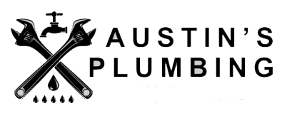 A logo for Austin’s Plumbing featuring crossed wrenches, a faucet, and water droplets in black text on a white background.