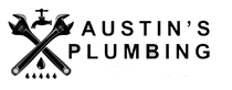 A logo for Austin’s Plumbing featuring crossed wrenches, a faucet, and water droplets in black text on a white background.