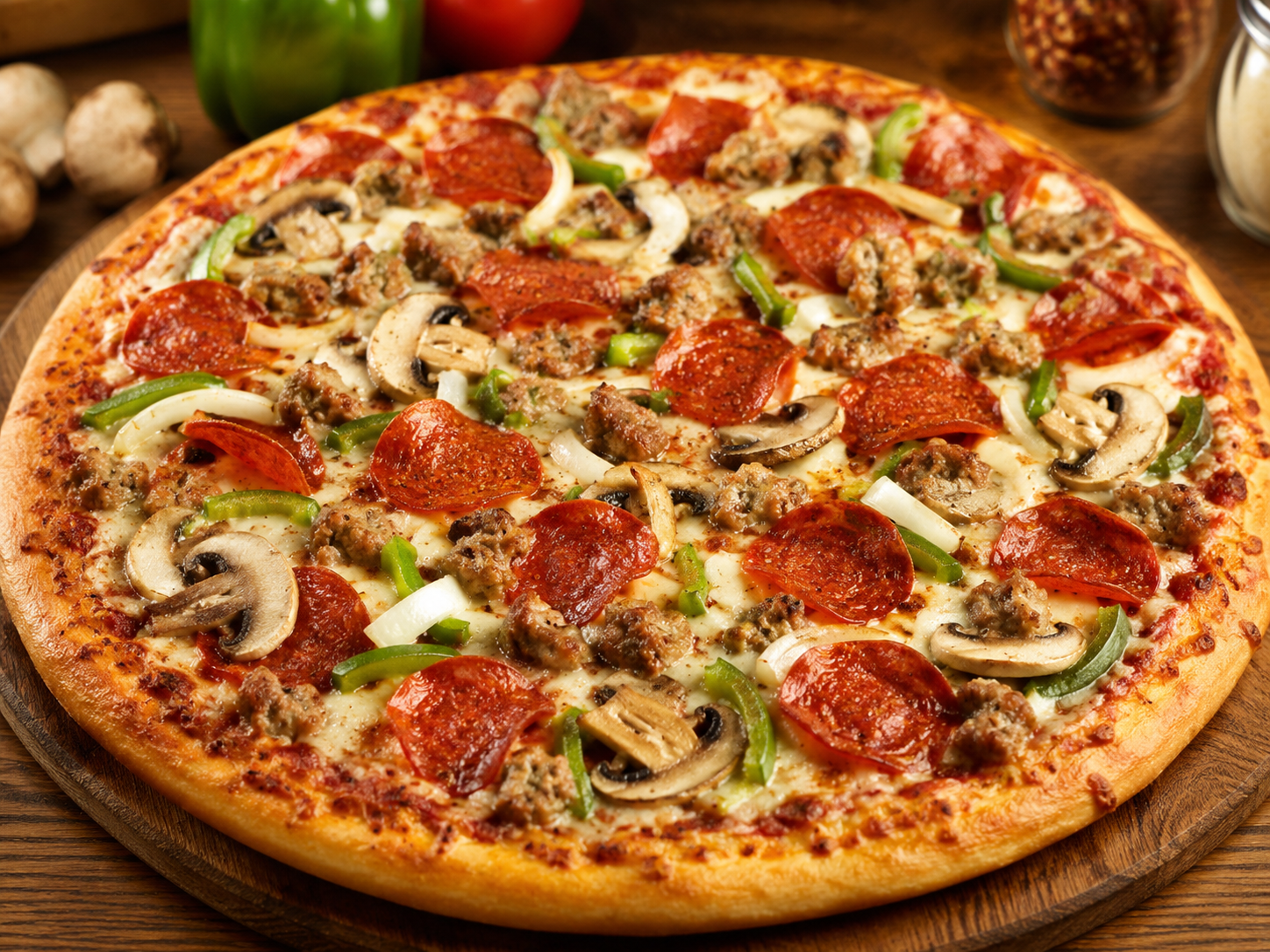 Pizza with pepperoni and cheese on a wooden board.