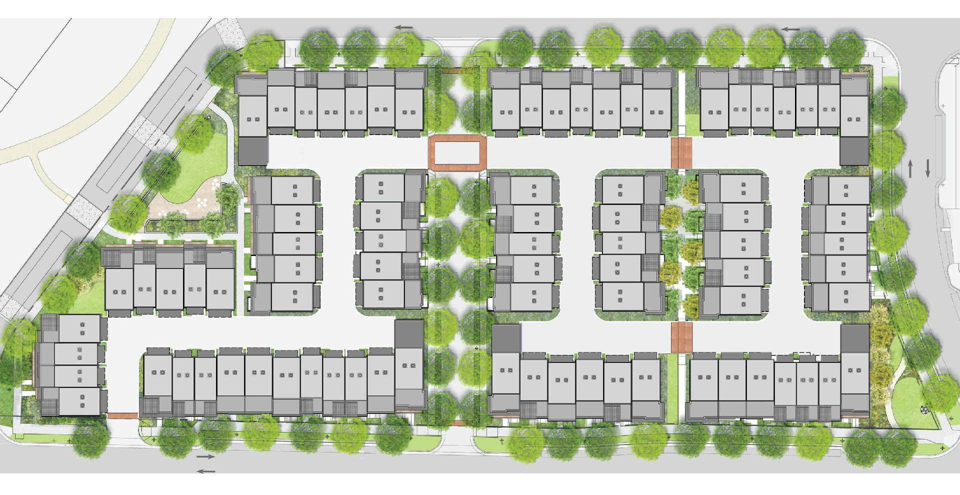 A drawing of a residential area with lots of buildings and trees.