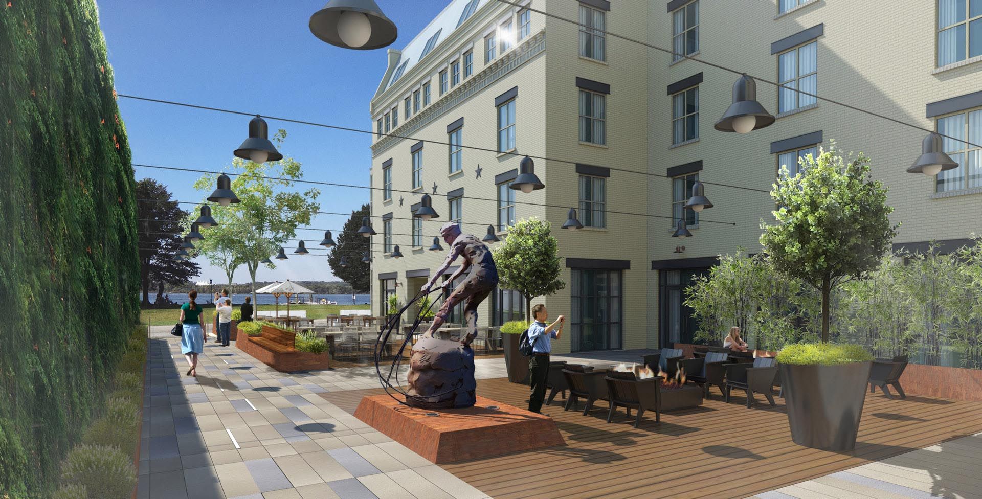 An artist 's impression of a building with a statue in front of it.