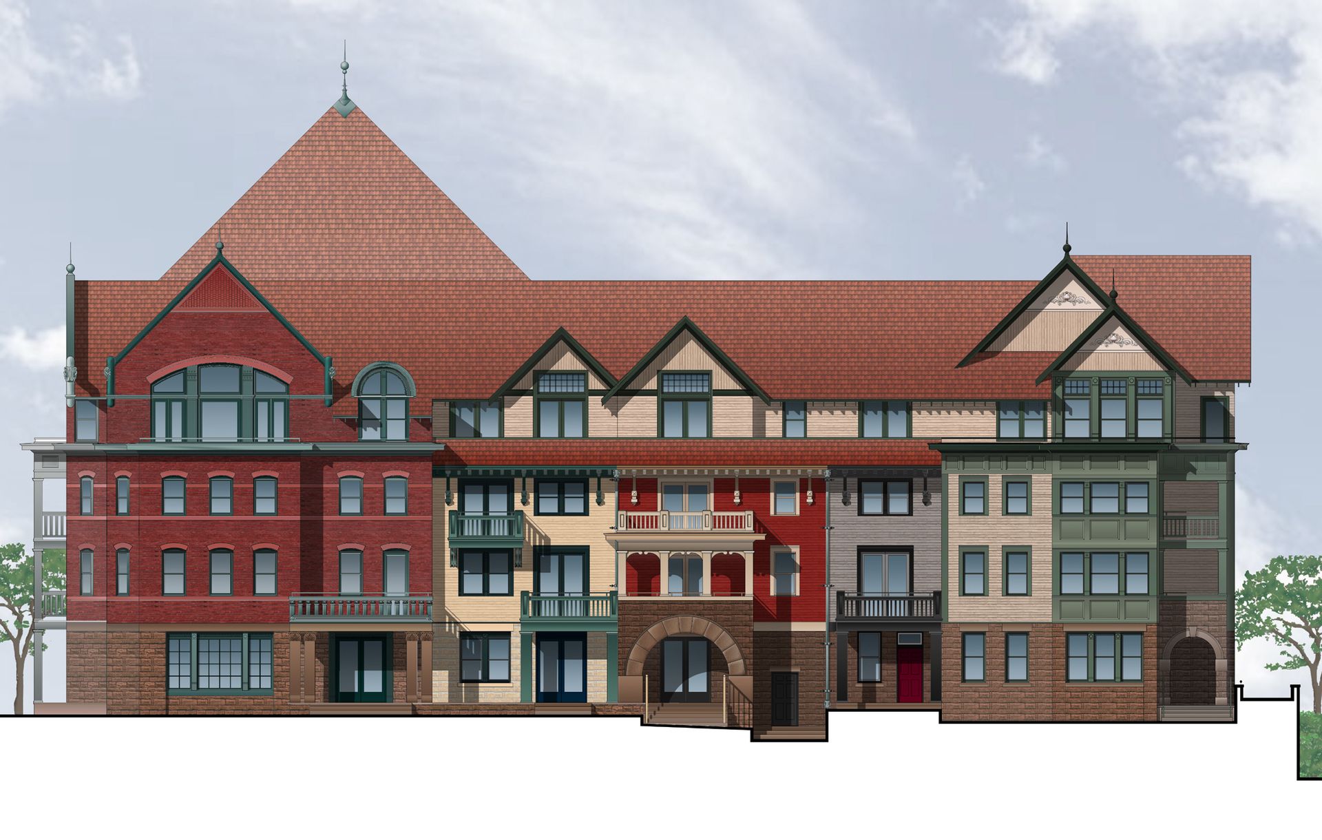 An artist 's impression of a large building with a red roof