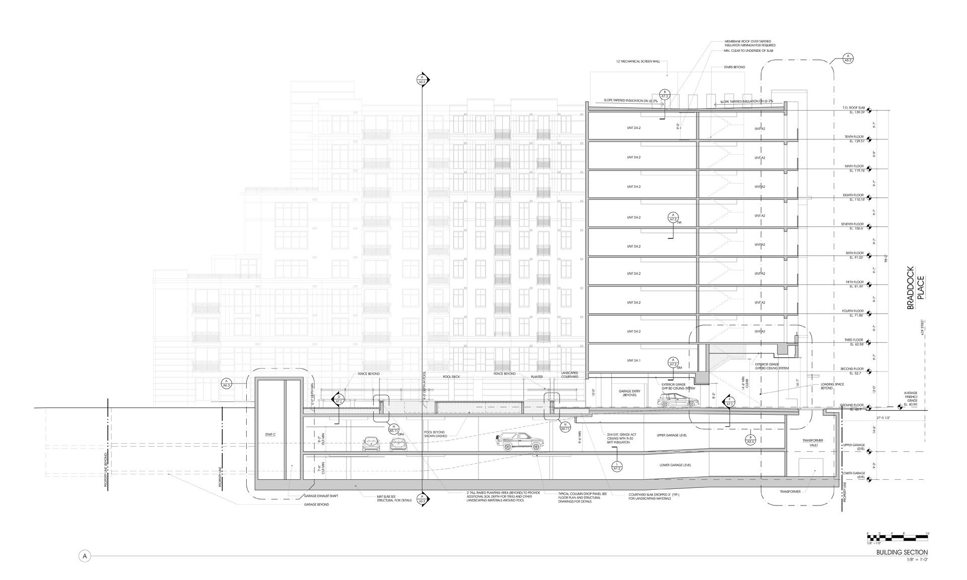 A black and white drawing of a building on a white background.