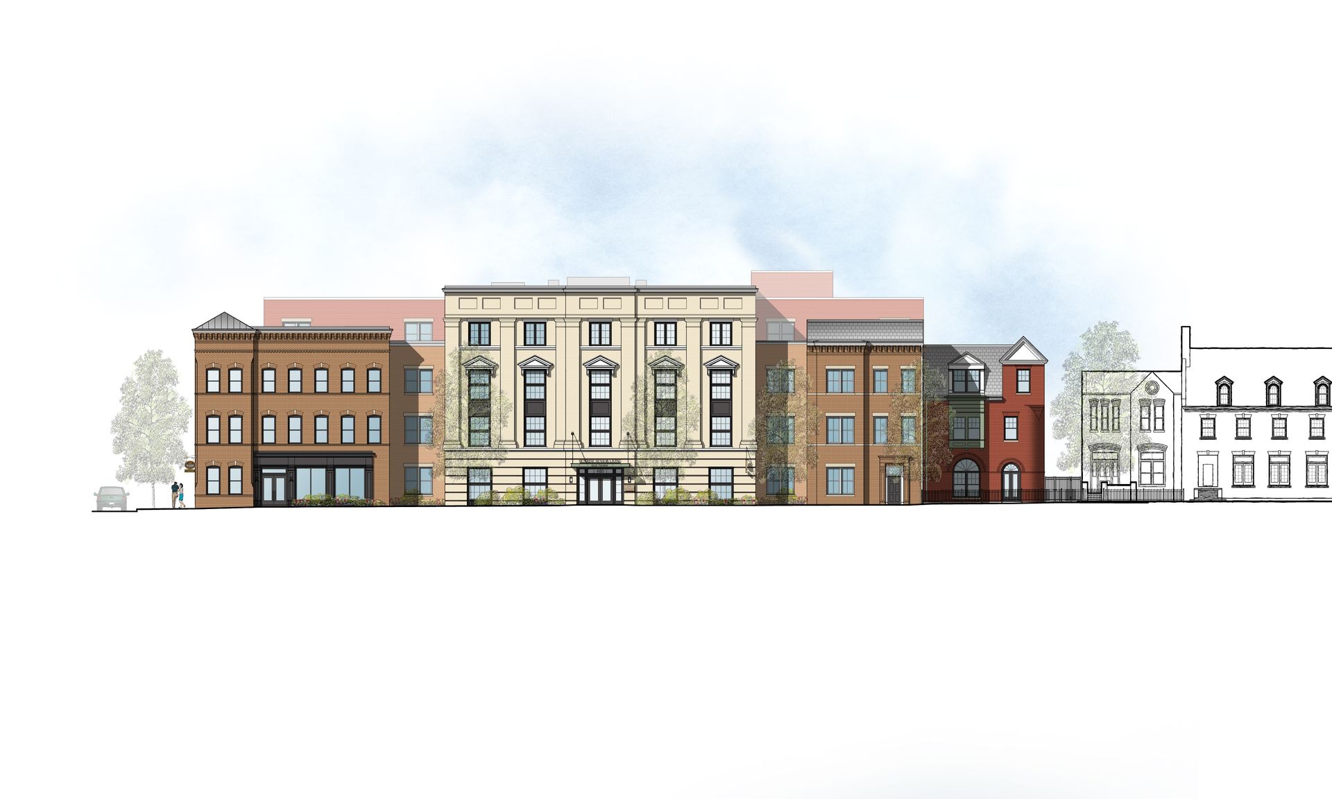 A drawing of a row of buildings on a white background.