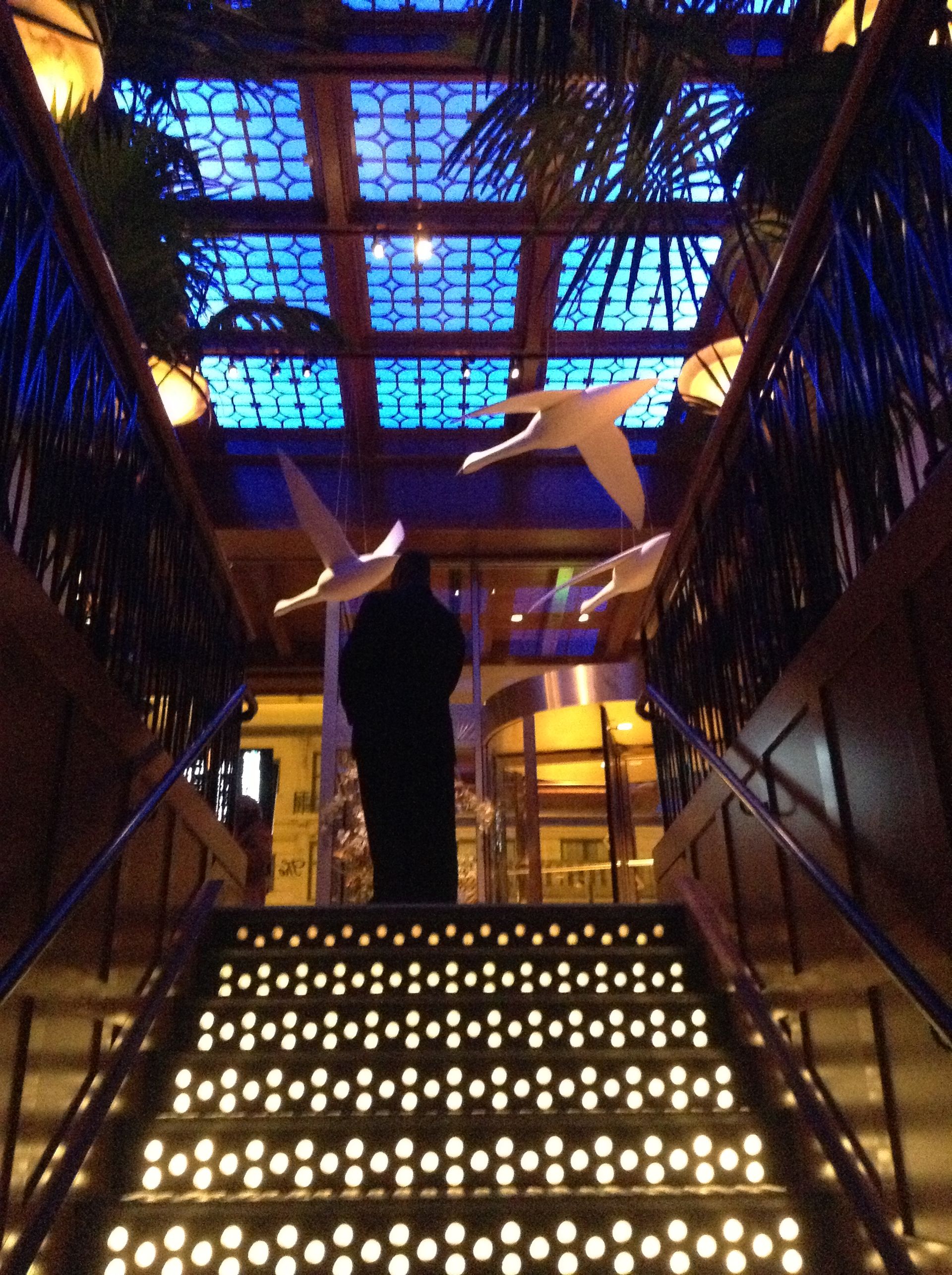 A person standing on a set of stairs in a dark room