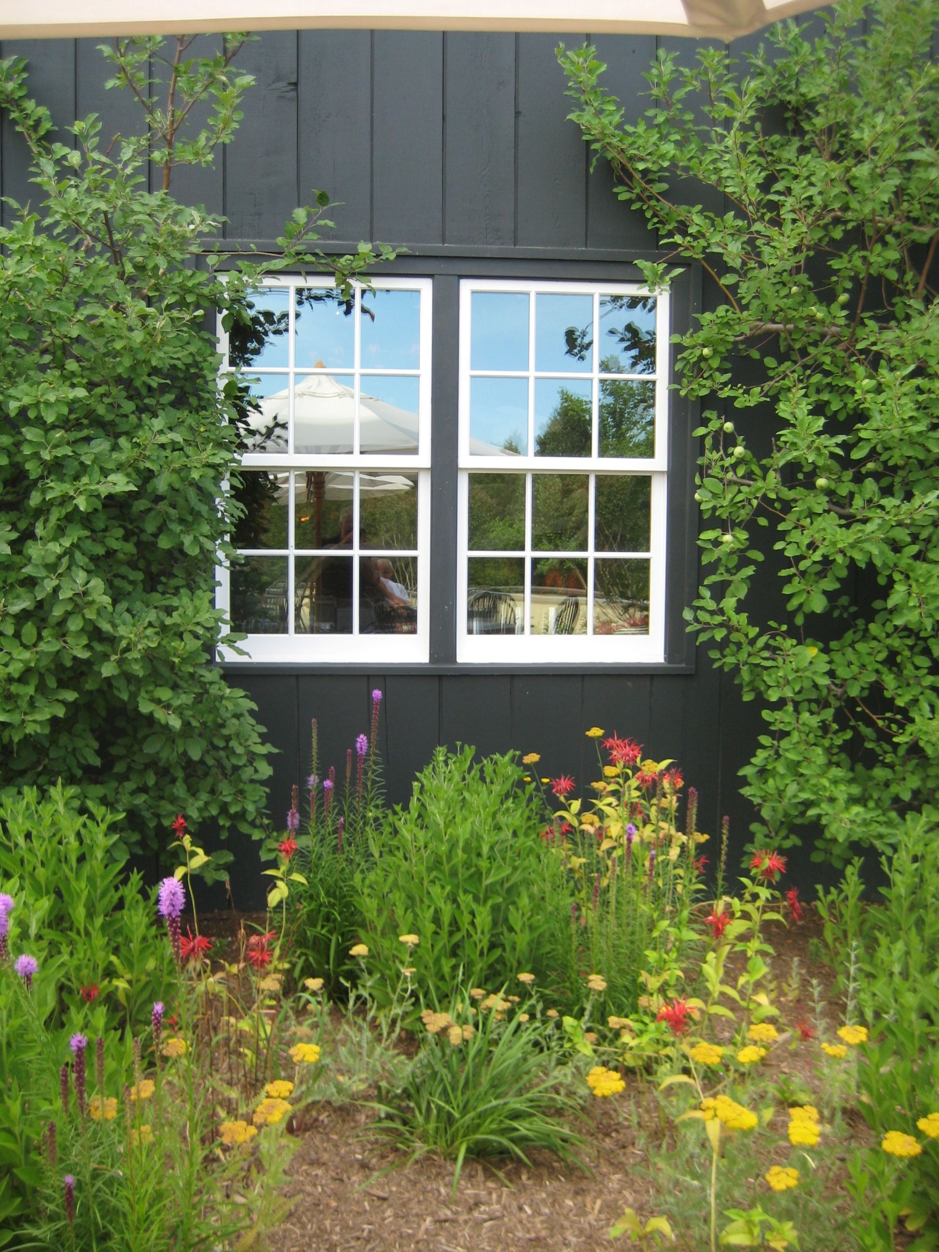 A black house with two windows and flowers in front of it