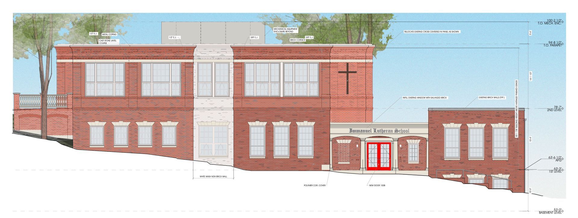 A drawing of a brick building with a red door