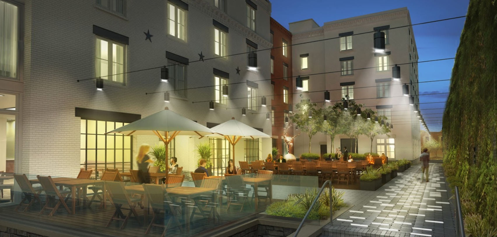 An artist 's impression of a restaurant with tables and umbrellas in front of a building.