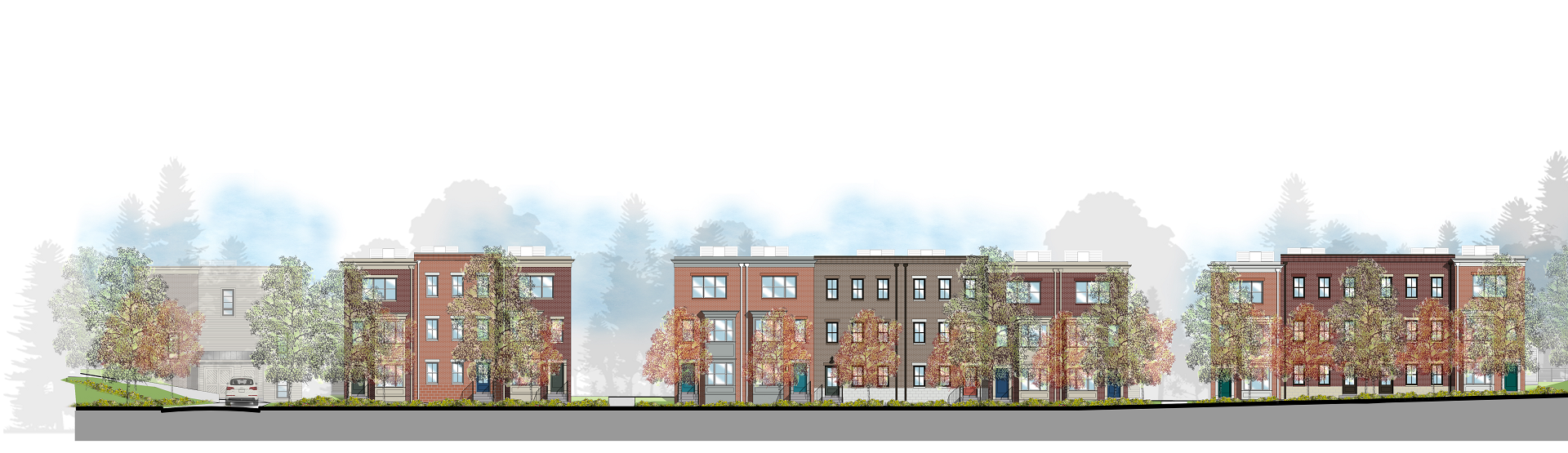 A drawing of a row of buildings with trees in the background.