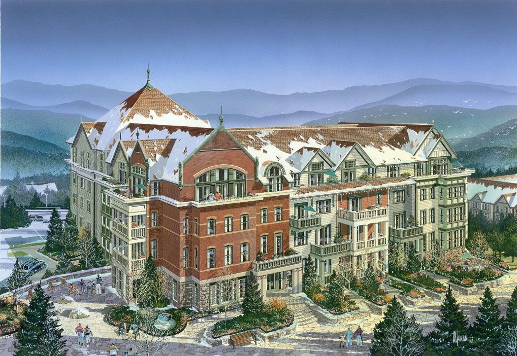 An artist 's impression of a large brick building surrounded by snowy mountains.