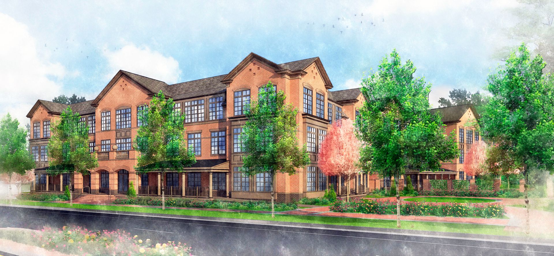 An artist 's impression of a large apartment building with trees in front of it.