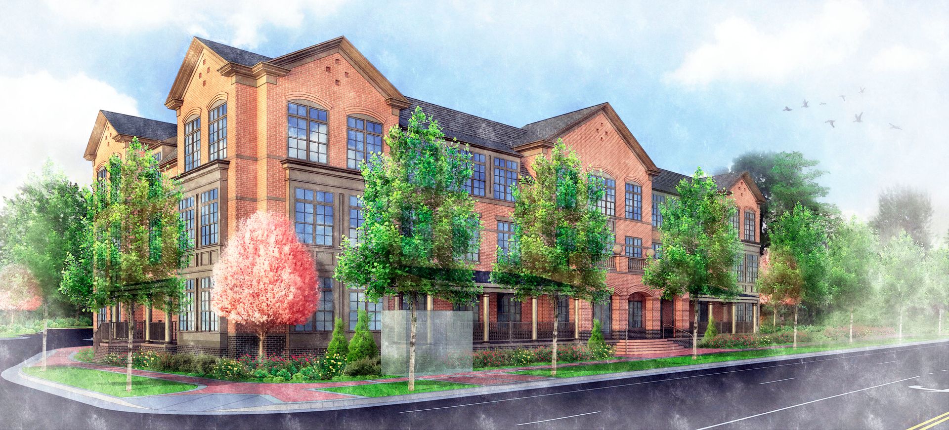 An artist 's impression of a large brick building with trees in front of it.