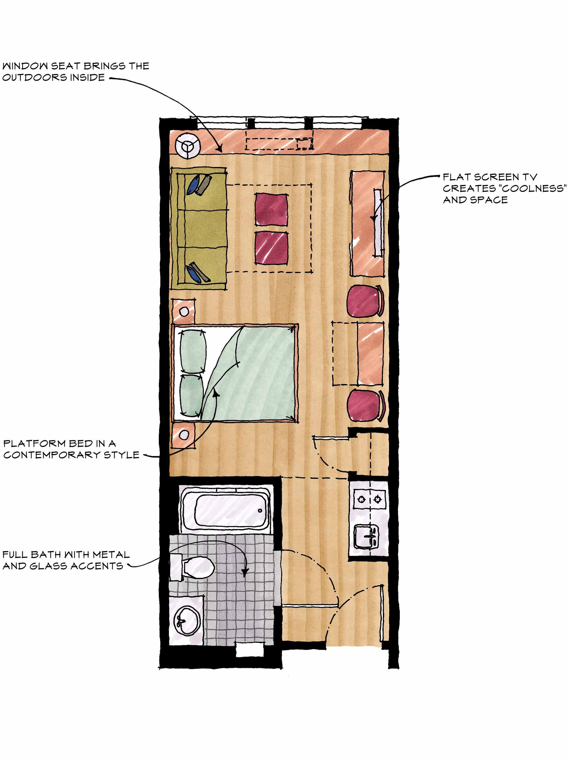 A floor plan of a small apartment with a bedroom , living room , and bathroom.