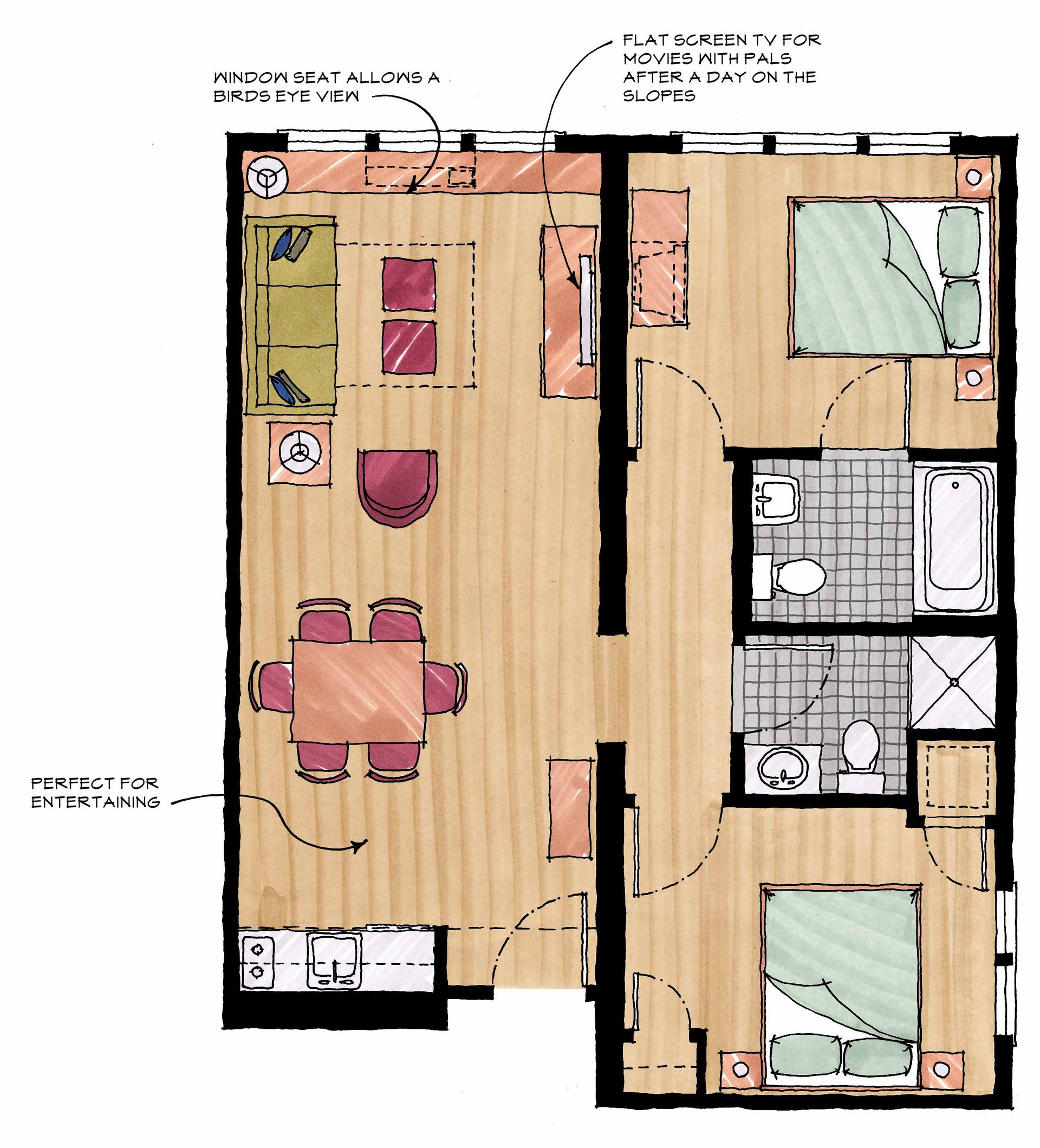 A floor plan of a house with a table and chairs