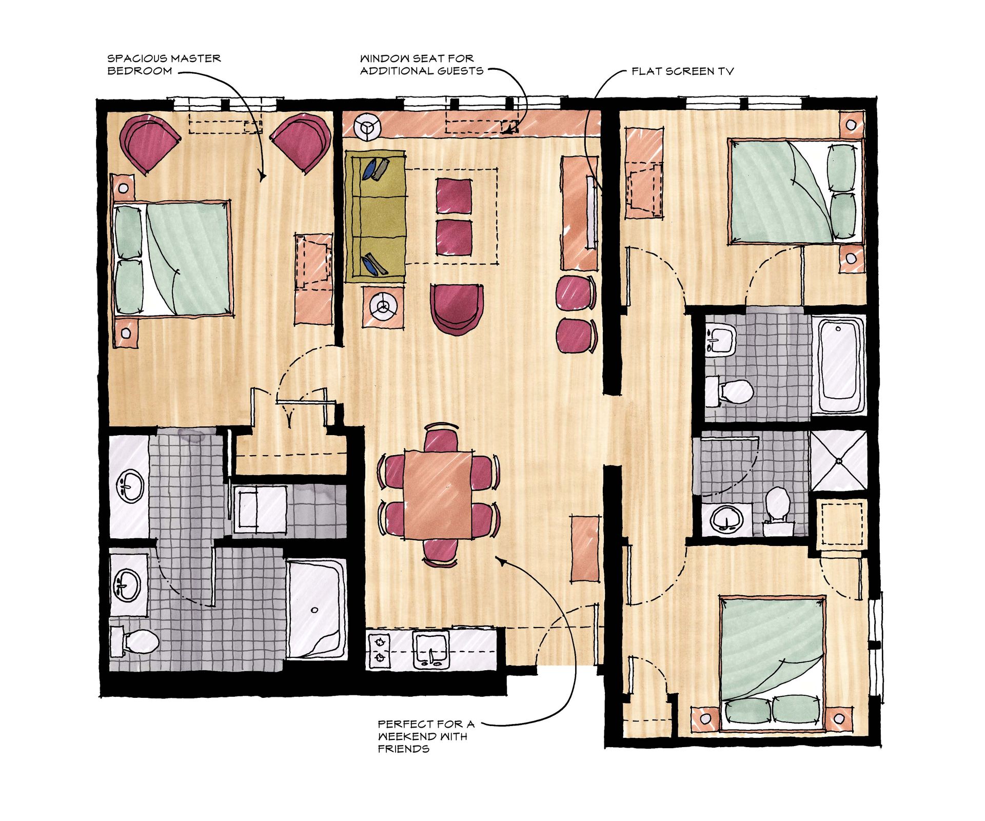 A floor plan of a house with three bedrooms