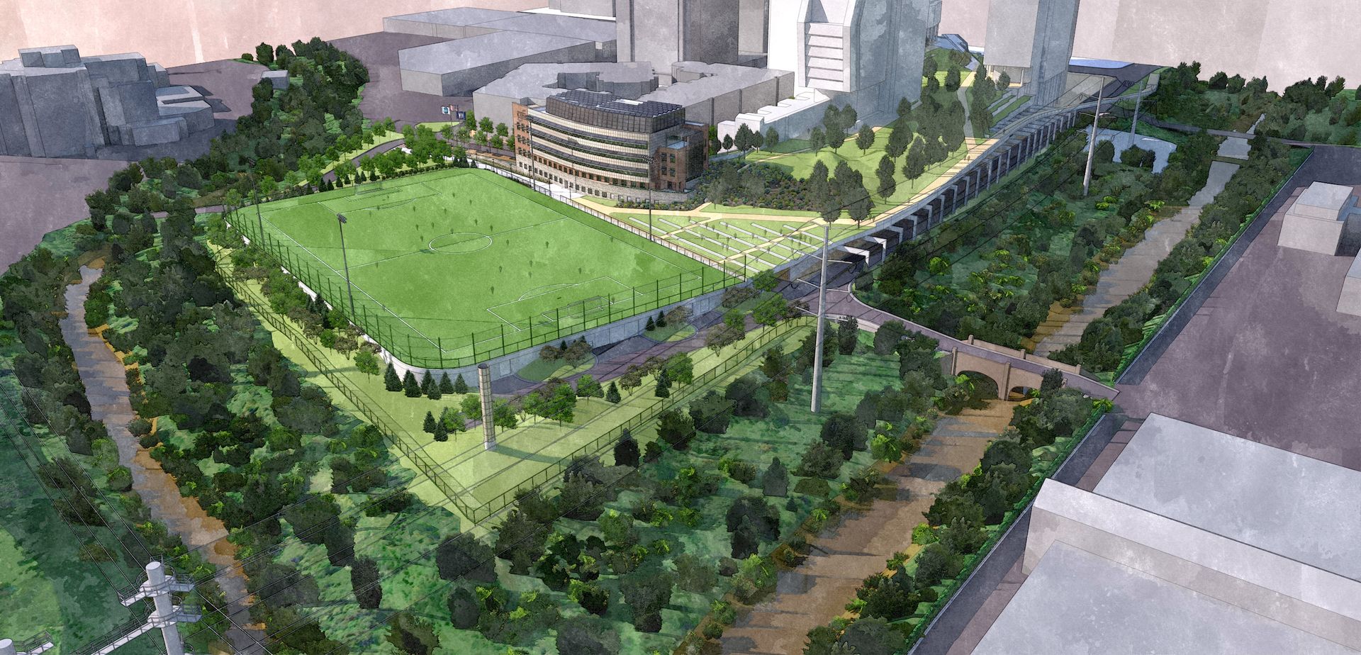 An artist 's impression of a soccer field in a city surrounded by trees and buildings.