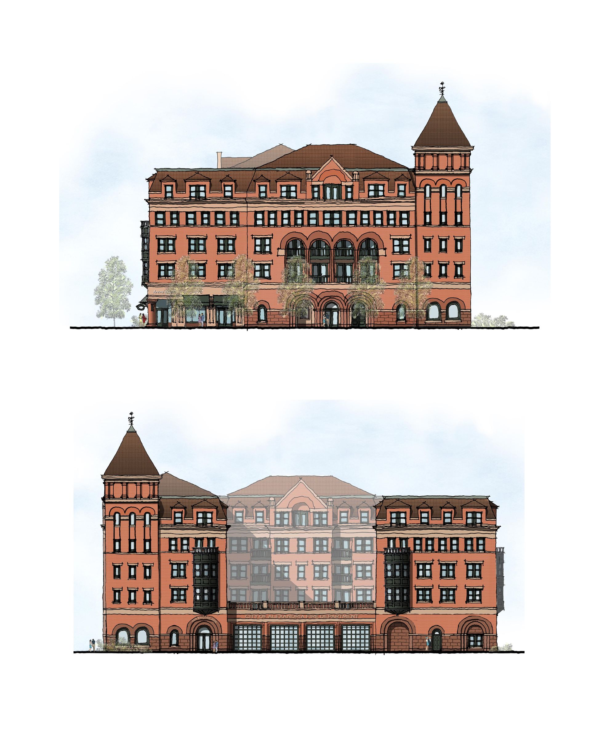 Two drawings of a large brick building with a tower