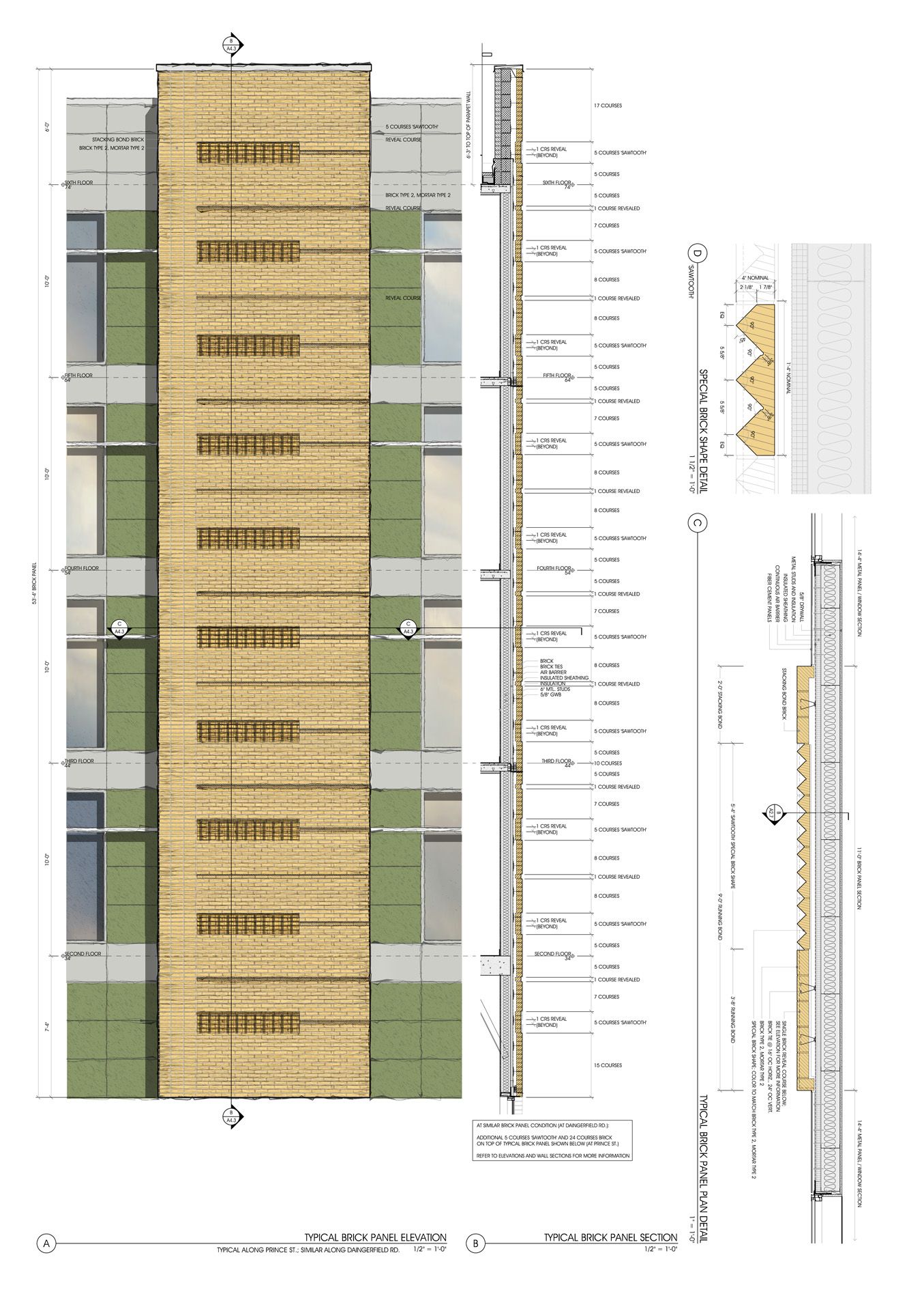 A drawing of a building with a wooden facade