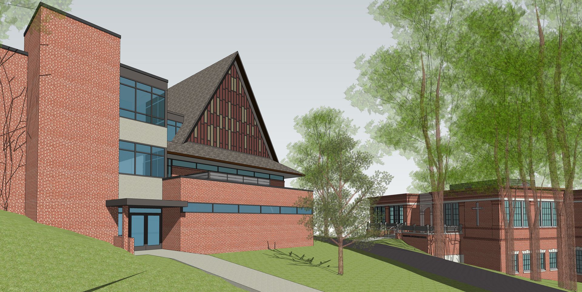 An artist 's impression of a brick building with a triangle roof