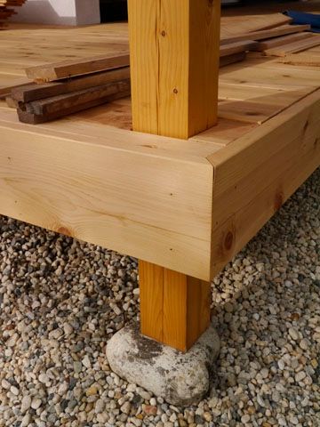 A wooden post is sitting on top of a pile of gravel.