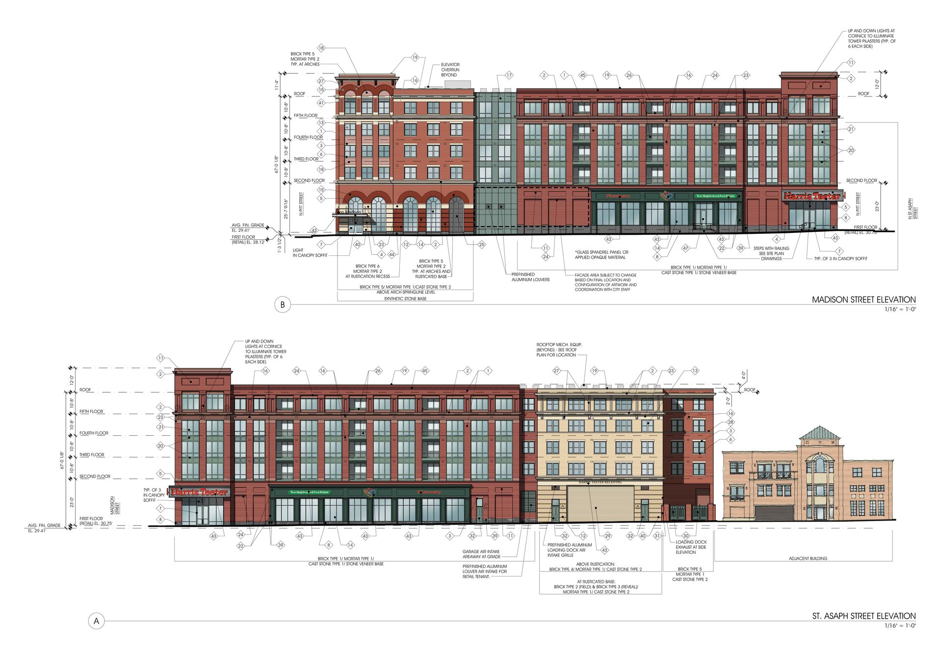 A couple of drawings of a building on a white background
