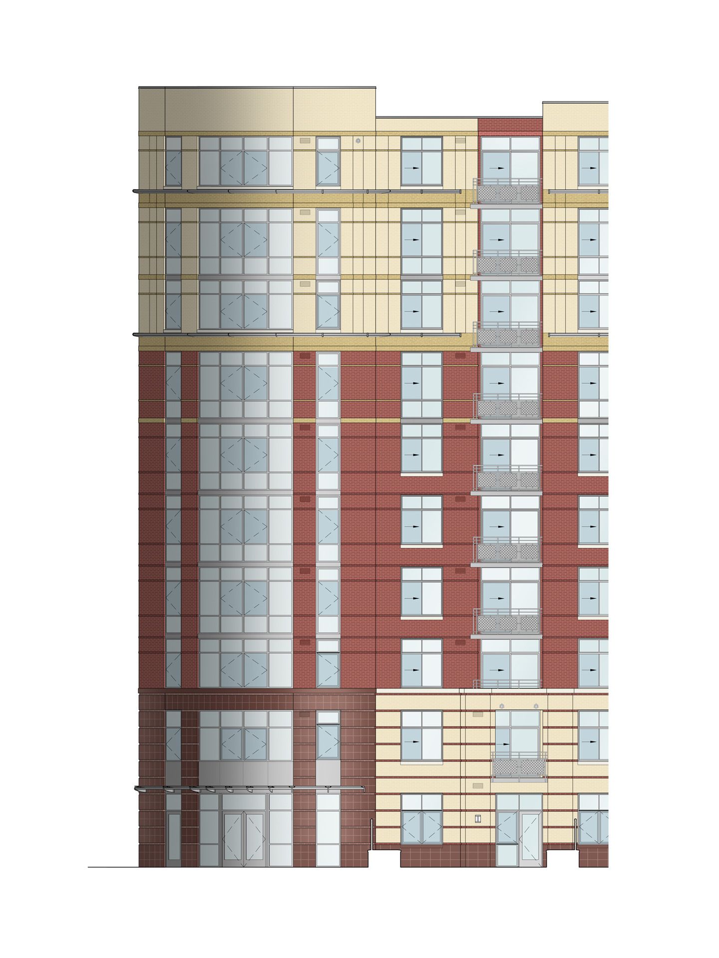 A drawing of a building with a lot of windows on a white background.