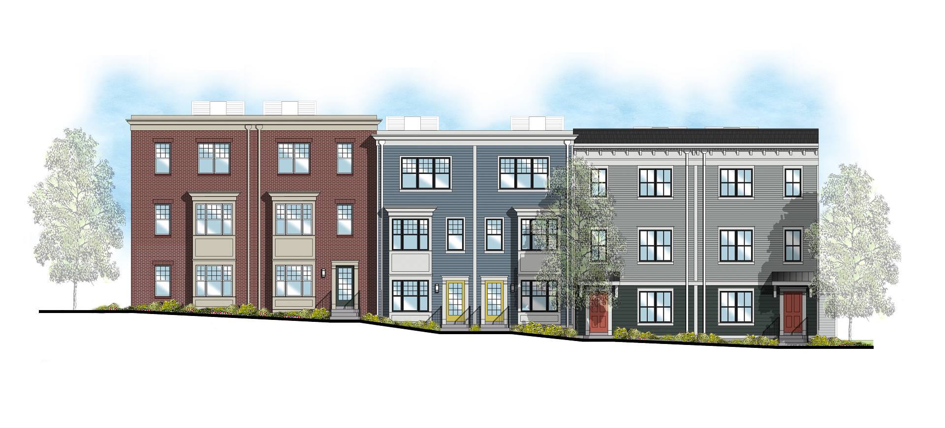 An artist 's rendering of a row of apartment buildings