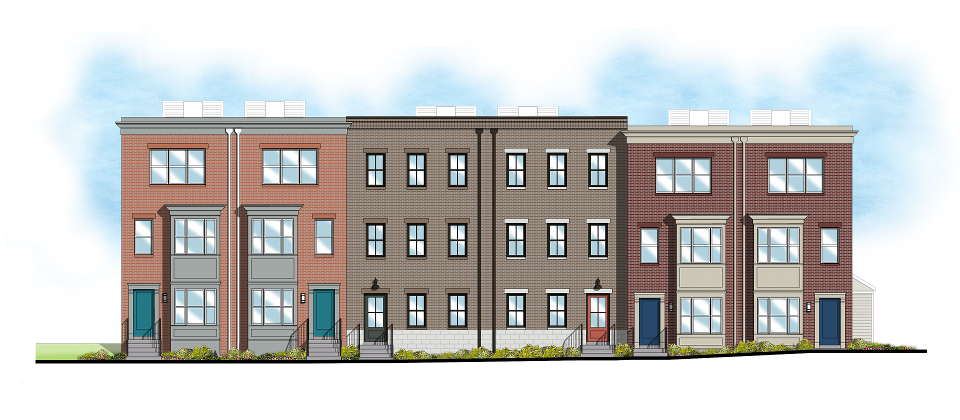 An artist 's impression of a row of brick apartment buildings