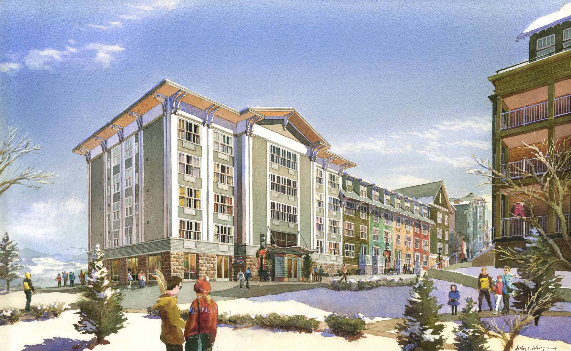 An artist 's impression of a snowy city with a large building in the background