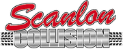 Scanlon Collision logo in red script and silver block letters with checkered flag accents