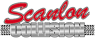 Scanlon Collision logo in red script and silver block letters with checkered flag accents