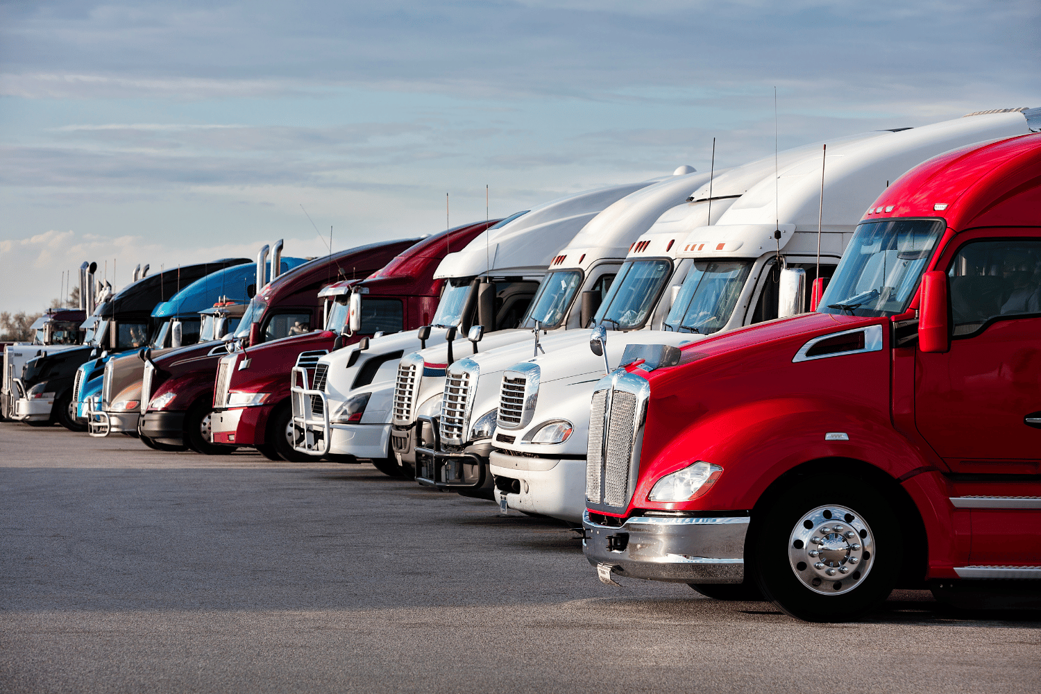 Row of colorful semi-trucks parked side by side in a lot under a clear sky