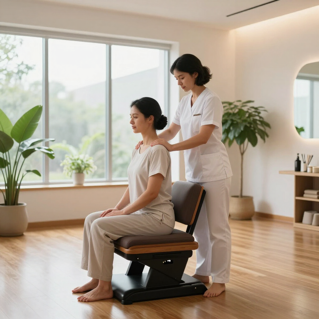 Femme recevant un massage des épaules sur une chaise en bois dans un studio de bien-être lumineux et aéré