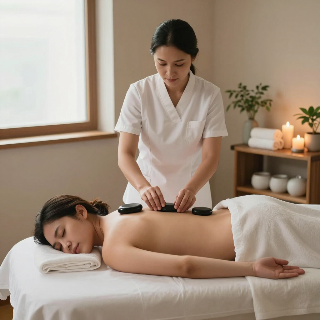 Un praticien en massage pose des pierres chaudes sur le dos d’un client dans une salle de spa apaisante